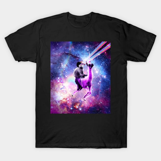 Laser Eyes Outer Space Cat Riding On Llama Unicorn T-Shirt by Random Galaxy